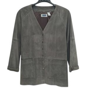 QPS Quality Price Style Vintage Leather Jacket Womens Medium Gray Suede V-Neck